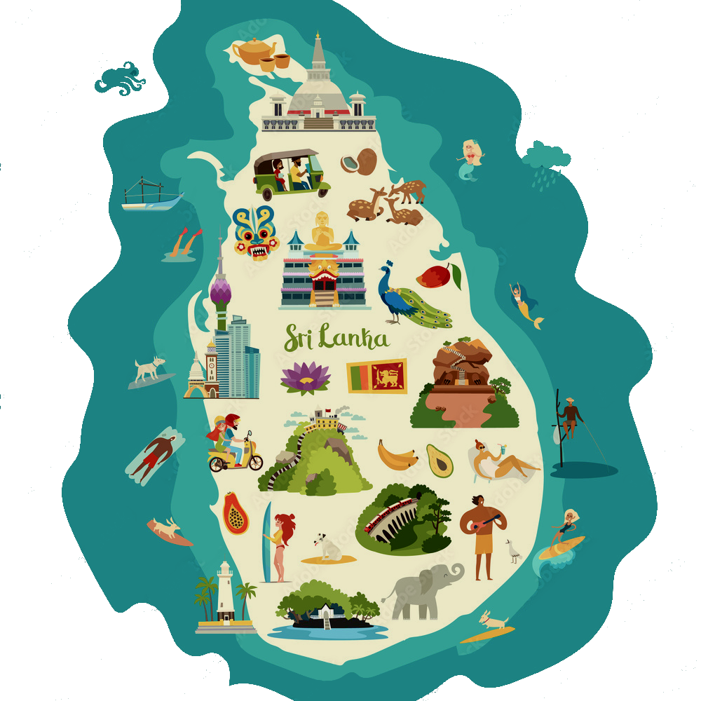 Colourful illustrated map of Sri Lanka showing its landmarks, wildlife and attractions