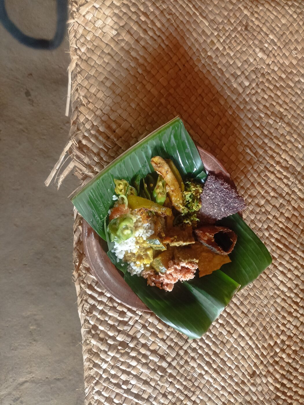 Authentic Sri Lankan rice and curry served on a banana leaf