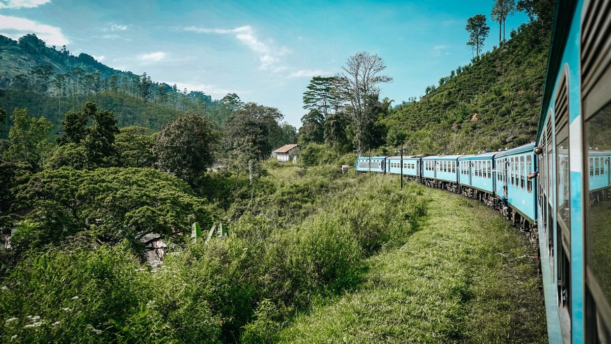 The iconic blue Sri Lanka train winding through green tea-country hills